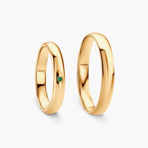Obrączki Fairytale: złote, szmaragd, półokrągłe, 3 mm i 4 mm